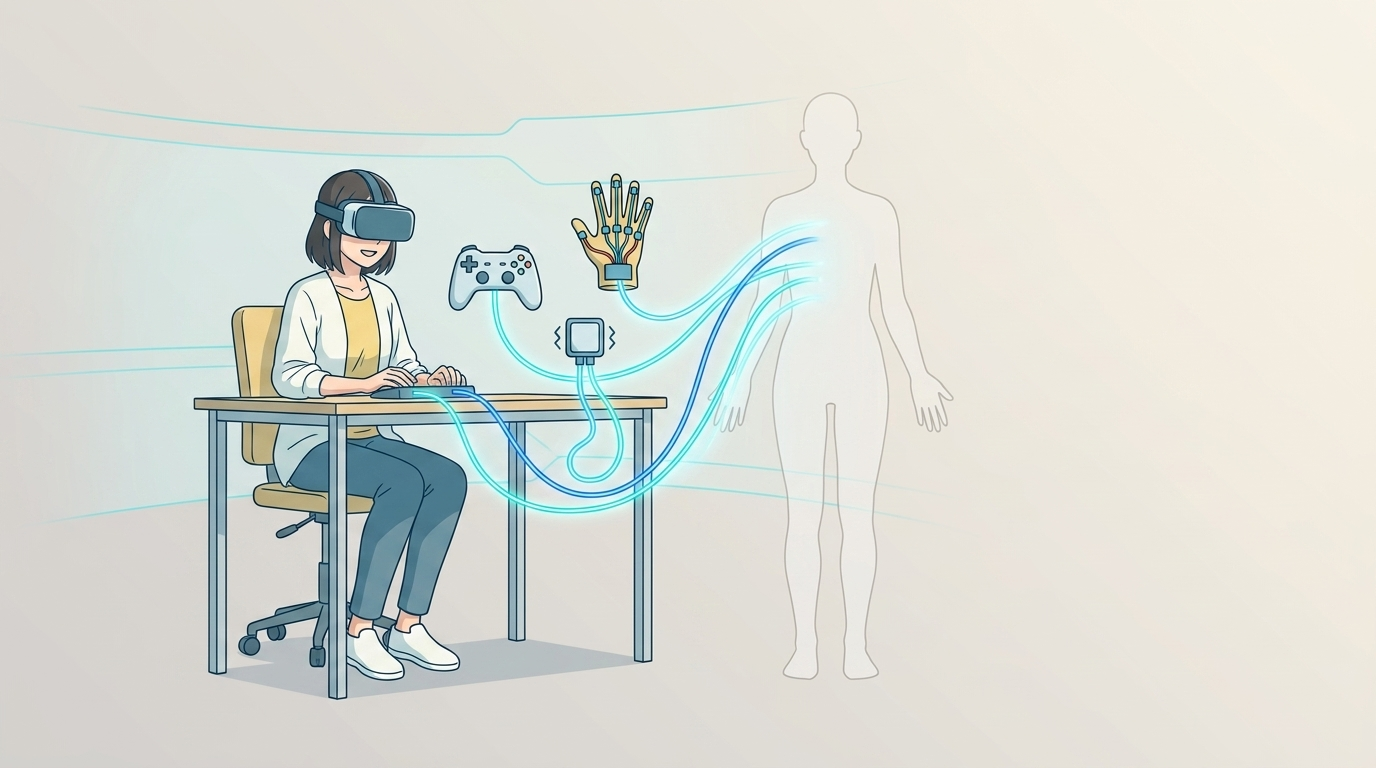 個人開発者がVR機器と触覚デバイスをつなぐ概念イラスト