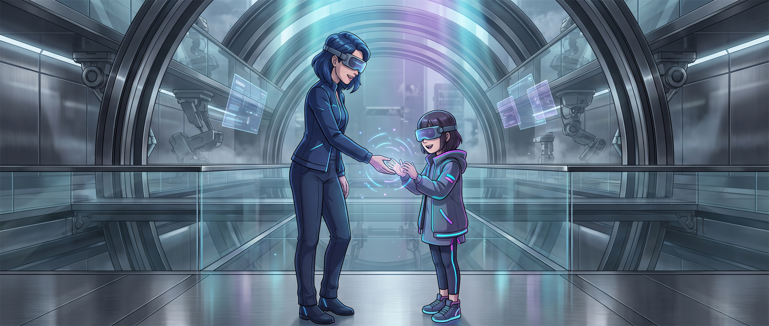 近未来のVR空間で、大人の女性と女の子がそっと手を近づける概念イラスト
